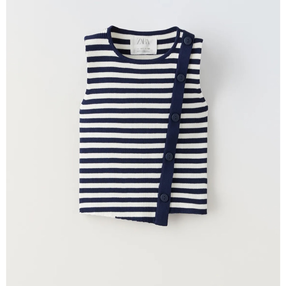 Zara Girls 11/12 Navy & White Ribbed Knit Sleeveless Top w/ Button Detail